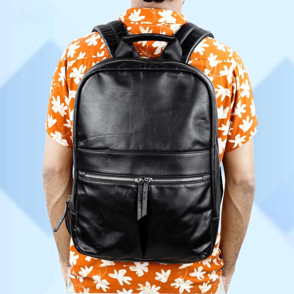 Grain leather laptop backpack(Black-B13) - Image 5