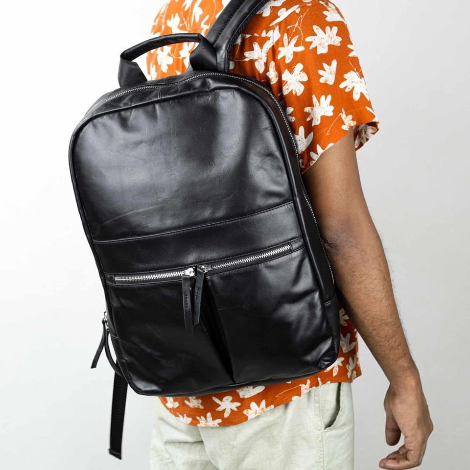 Grain leather laptop backpack(Black-B13)