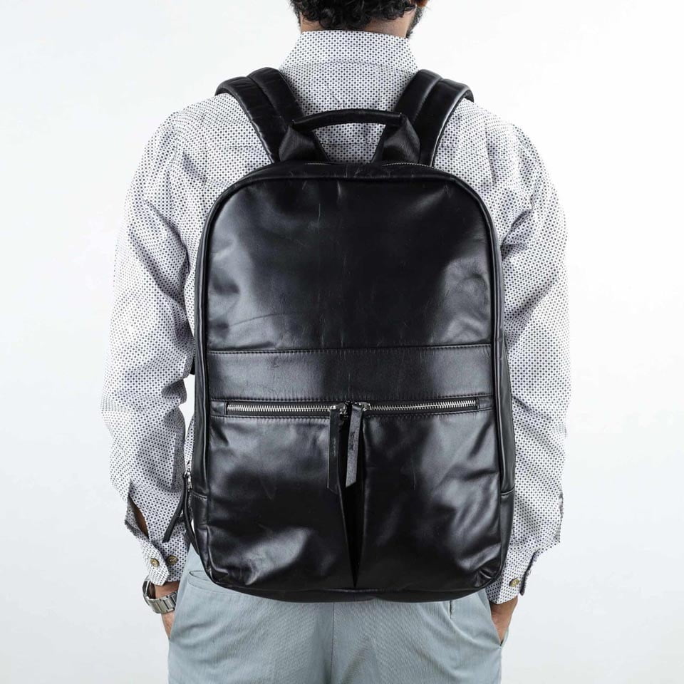 Grain leather laptop backpack(Black-B13) - Image 4